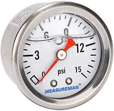 MEASUREMAN 1-1/2" Dial Size, Glycerin Filled Fuel Pressure Gauge, 304 Stainless Steel case, 0-15Psi, 3-2-3%, 1/8"NPT Back Mount