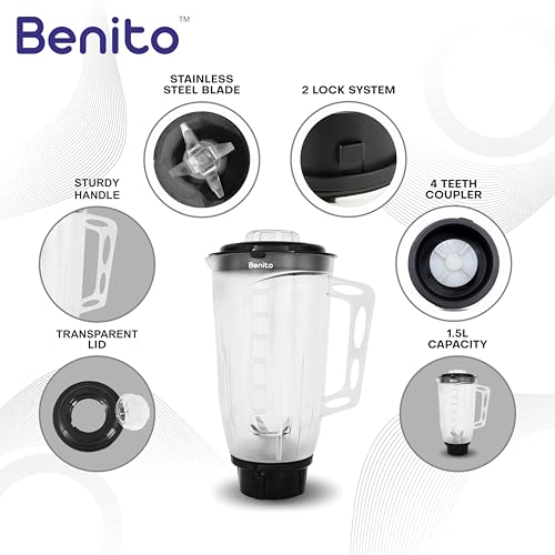 Image of Benito Nova Transparent Polycarbonate Juicer Jar (1.5L) for Mixer Grinder - Compatible with 4-Teeth Coupler & Dual Locking System.