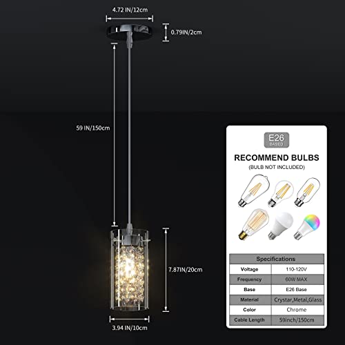 Baunoisk Modern Crystal Pendant Light,Chrome Finish Hanging Light Fixture Mini Glass Ceiling Pendant Lamp With 59" Adjustable Cord For Kitchen Island Living Room Dining Room #TOP7