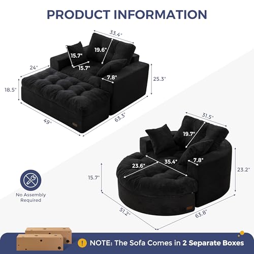 Image of MAXYOYO Modular Sectional Chaise Lounge Sofa, 2 Sets Upholstered Lounge Chair with Ottoman, Comfy Round+ Square Couch with Layered Cushion, Tufted Sleeper Chair for Living Room, No Assembly, Black