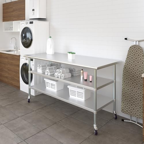 Image of AmGood Stainless Steel Work Table with 2 Shelves and Casters | Metal Utility Table On Wheels (Stainless Steel Work Table with 2 Shelves + Casters, 72 inch Long x 30 inch Deep)