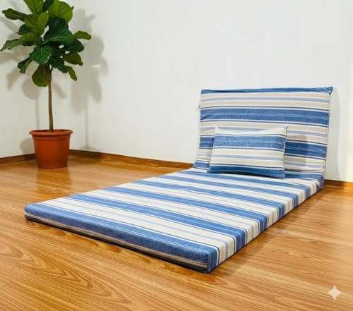 Image of Foldable Mattress Double Bed Size 4 x 6 Feet | Soft Foam Folding Floor Sleeping Mattress with 1 Filled Pillow for Travel, Camping, Home, Yoga Hostel Guest Room PG Use | Blue White Stripped