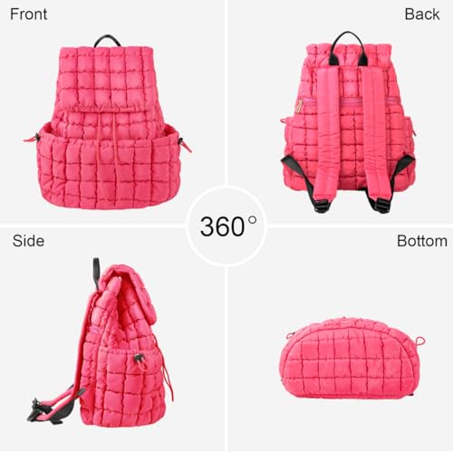 Quilted Travel Duffle Bag Gym Bag&Quilted Backpack Purse for Women,Large Puffer Duffle Weekender Bag Lightweight Puffer Puffy College Laptop Backpack with Compartment for Travel Gym Airplane(Rosered)4