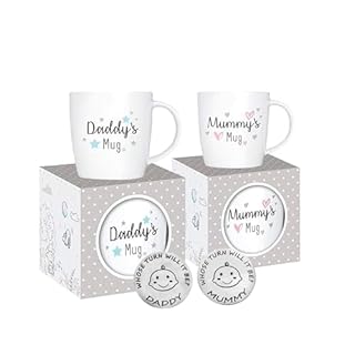 New Parents Set of 2 Mummy and Daddy Mugs - Gifts for Mum and Dad - Christmas Decision Coin for Parents