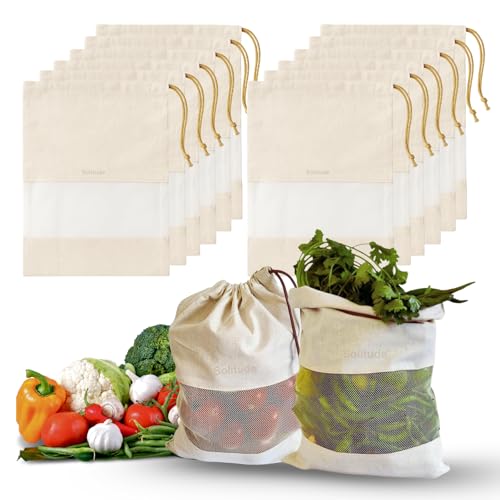 Image of Solitude Set of 12 Cotton Vegetable Bags for Fridge Storage, Reusable Washable Muslin Cloth Produce Bags with Drawstring, Eco Friendly Kitchen Storage Bags for Fruits and Vegetables