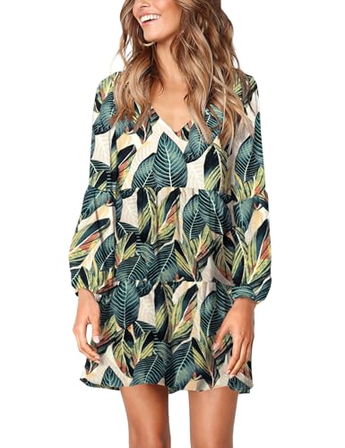 Amoretu Dresses for Women Long Sleeve Loose Shift Dress, Summer, Fall, 2025 (Leaf Print, XXL)