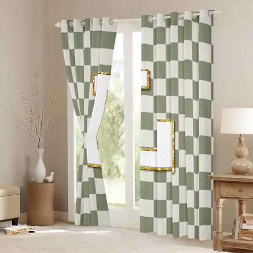 Image of Erosebridal Sage Green Checkered Window Curtains 42 inch Wx90 L Plaid Initial L Blackout Curtains for Bedroom Living Room,Personalized Monogram Window Treatments Grids Gingham Drapes Decor 2 Panels