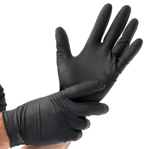 50 Stück Hygostar Nitrilhandschuhe Power Grip | puderfrei, Packung, schwarz, 10/XL, L: 24cm, Einweghandschuhe, Mechaniker, Latexfrei, Fischschuppen-Struktur
