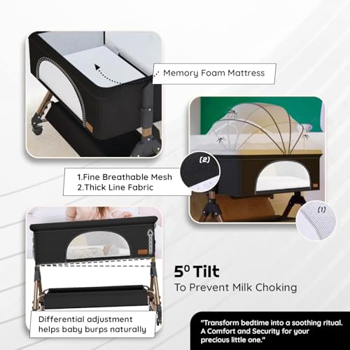 Image of Baby Comfortable 6-in-1 Baby Cot, Crib, Bedside Bassinet, Adjustable Height, Mosquito Net, Storage Basket, Wheels, and Mattress | Easy Folding, Unique Design-Charcoal Grey | Breathable Cloth