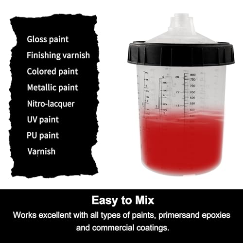 Image of Disposable Paint Spray Gun Cup Liners & Lid System, 50 Standard 27 Ounce (800ml) Kit - 190 Mic- 50 Cup Liners, 50 Lids with Strainer, 1 Hard Cup with Retainer Ring 20 Plugs,2 Cup Adapters