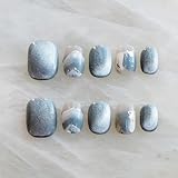 [GLORS] Purely Handmade Press On Nails | Blue and White Glitter Snow Mountain Short Fake False Nails | Salon Quality in short square shape, 10 pieces (Medium, SS)
