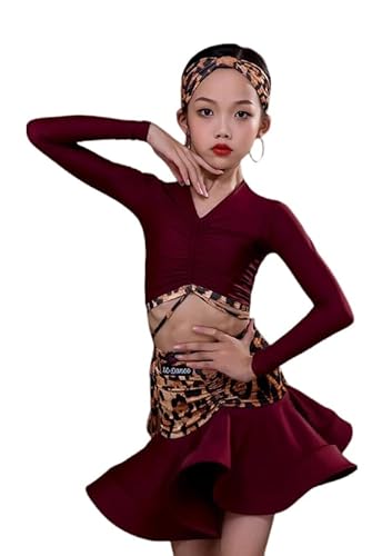 OTMYIGO Abito da Ballo Latino per Ragazze Abito a Maniche Lunghe per Bambini Abiti da Competizione per Sala da Ballo Latino ChaCha Rumba Samba Costume Tango Wear,Rosso,120