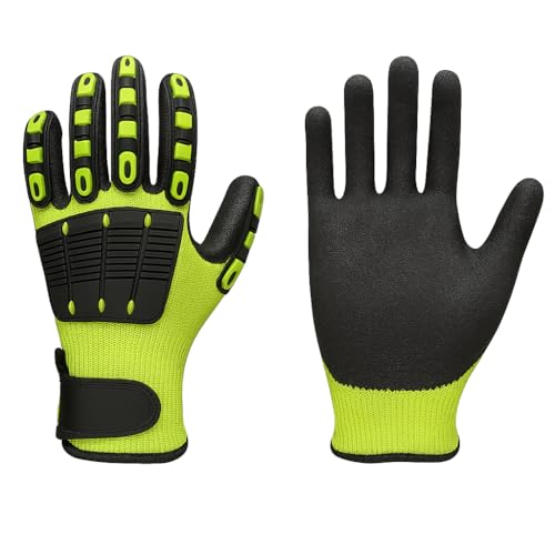 PintoHardware Guanti di sicurezza livello 5 anti-taglio, alta visibilità verde e nero, materiale HPPE, design TPR con protezione dagli urti, impugnatura antiscivolo, taglia L (25 x 10 cm)