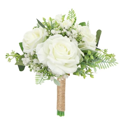 Wedding Bouquets for Bride Bridesmaid, Ivory Rose Artificial Bridesmaids Bouquets 7 Inch Floral Greenery Bouquet for Wedding Bridal Shower Marriage Proposal Decor