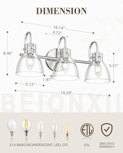Image of Beionxii Brushed Nickel Bathroom Light Fixtures, 3-Light Bathroom Light Fixtures Over Mirror, Bathroom Vanity Light with Clear Glass Shade, Modern Vanity Lighting for LivingRoom Hallway, BX-VL02BN-3CG