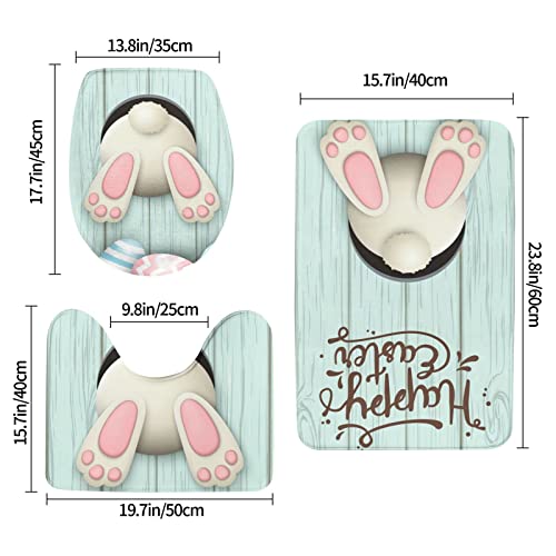 Hood-W4 Bath Mat Sets 3 Piece Easter White Bunny Rabbit Bathroom Rug Toilet Seat Lid Cover Soft Non Slip Absorbent U-Shaped Contour Shower Anti-Skid Washable Home Decorative, One Size #TOP2