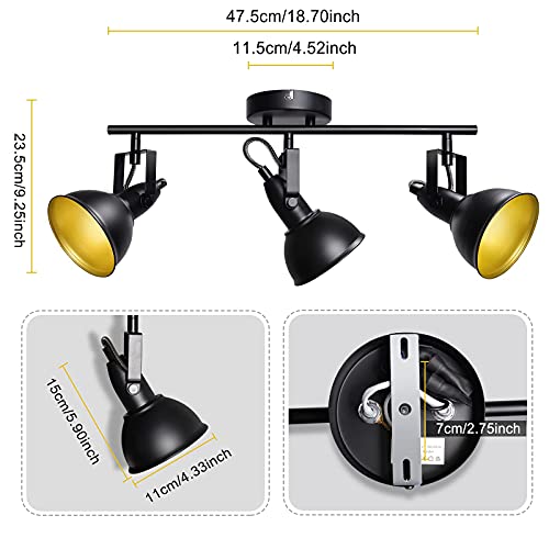Image of HiBay Retro LED Ceiling Spot Lights Fixtures, 3-Light Flexible Track Lighting Kit Black, Directional Spotlight for Kitchen Bedroom Dining Room, Candelabra E12 Base (No Bulbs)