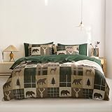 Wake In Cloud - Rustic Comforter Set with Sheets, Cabin Lodge Christmas Bear Moose Deer Wildlife Western Patchwork Country, 7 Pieces Bed in a Bag, Green Brown, King Size