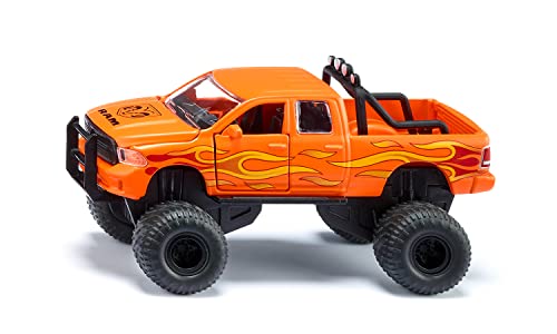 Siku 2358, Dodge RAM 1500 mit Ballonreifen, Spielzeug-Auto, 1:50, Metall/Kunststoff, Schwarz/Orange, Wechselbare Räder, Tür, Motorhaube und Heckklappe zum Öffnen