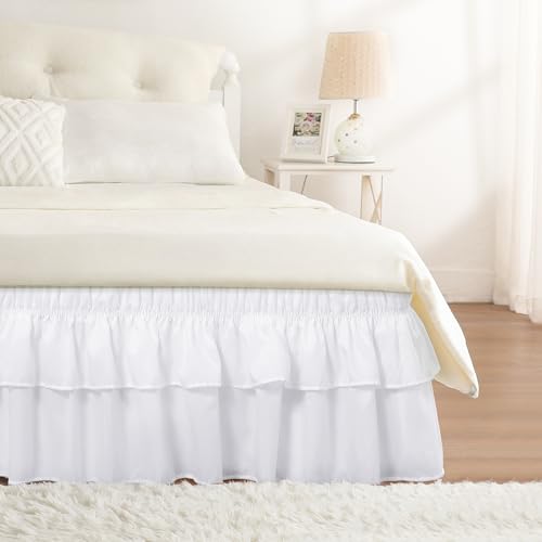 RIMELA Queen Size Ruffle Bed Skirt 16 Inch Drop - White Double Layered Wrap Around Dust Ruffle...