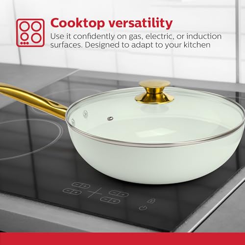 Wok cerámico blanco con tapa 12 pulgadas miniatura 6