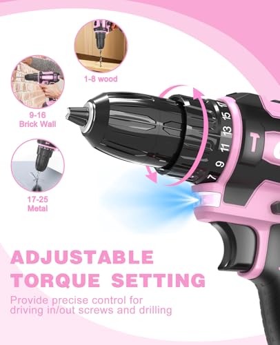 OUBA Cordless Drill Set, 12.8V Lithium Lon Power Drill Cordless with Battery and Charger, 2 Variable Speeds, 3/8\" Keyless Chuck, 25+3 Torque Setting, Built-In LED, Electric Drills for Home (Pink) - Thumbnail 3