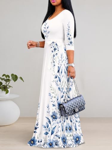 Image of Maxi Dress for Women with Sleeves, Empire Waist Dress | A-line shape, self-tie belt, side pockets and pull-on design; stretch fabric for church, work and casual wear