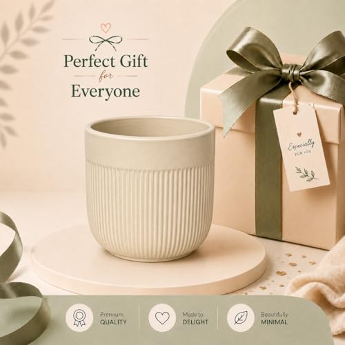 Image of Xtore Elegant Dual-Texture Ceramic Planter Pot for Indoor Plants | Modern Ribbed Flower Pot for Home, Office Desk & Balcony Decor (Cream Beige - Planter only)