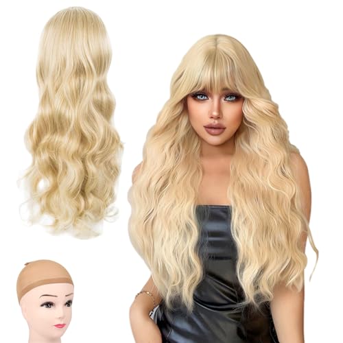 GWAWG Long Wave Blonde Wig with Skin Color Hairnet for Women 27'' Curly With Bangs - Synthetic Hair for Fancy Dress, Cosplay Party, Daily Use