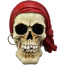Ebros Ghost Ship Pirate Skull with Red Bandana and Gold Earring Statue 6" Long Nautical Halloween Fantasy Pirates Skulls Gothic Spooky Macabre Figurine Skeleton Bones Cranium Decor