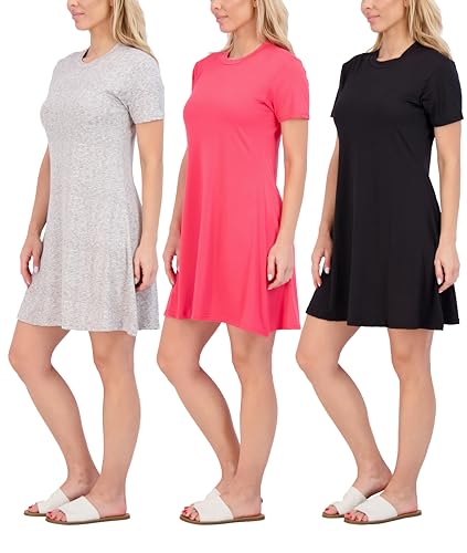 Real Essentials 3 Pack: Women's Short Sleeve T Shirt Dress Swing Loose Casual Lounge Everyday Outfit - Set 1, XL