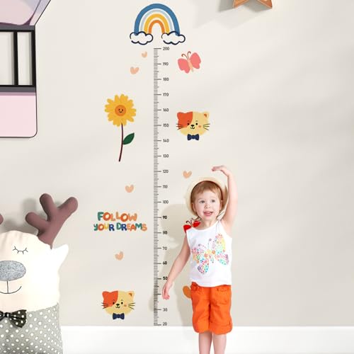 Medidor Altura Gráficos de Crecimiento Arcoíris, Tablas de Altura Flores Patrón de Animales de Dibujos Animados, Vinilo Medidor Infantil, Decoracion Habitacion Bebe para Niños y Niñas (20-200cm)