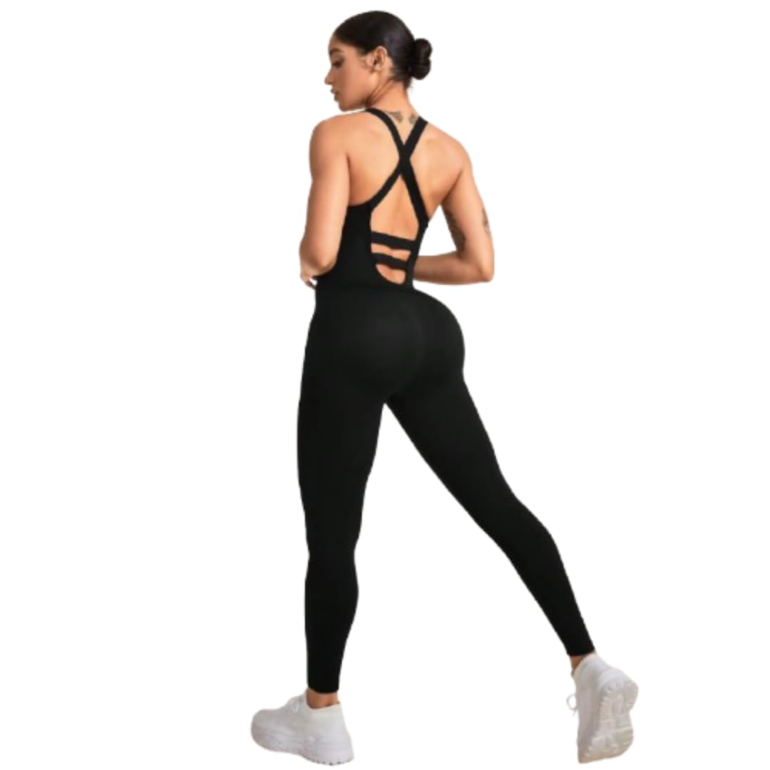 Jumpsuit for Women Stylish Wear, Sleeveless Bodysuit with Cross Backless Design, Body Hugging Soft Black Jumpsuit, Rompers for Gym, Beach, Workout, Goa Trip