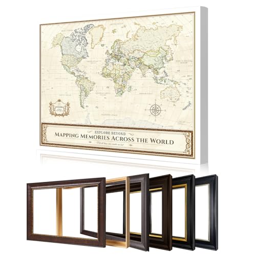 Image of DECORARTS - Large Personalized World Travel Map with Pins, Custom Name, Pin Board Canvas Wall Art, Colorful World Decor, Optional Wood Frame, Giclee Print, Handcrafted in USA, 35x28''