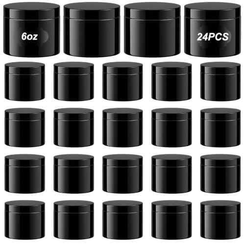 24 Pack 6 oz Black Plastic Jars with Lids and Labels for Cream and Lotion | Wide Mouth PET Format for Scrubs, Balms, Slime, Crafts, Samples, Travel Kits, Small Business Packaging and Batch Organization