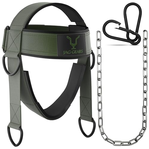 JAG GEARS Addestramento del collo - Fascia per il collo imbottita in neoprene da 7 mm con catena in acciaio regolabile da 110 cm per allenamento del collo - Imbracatura per Palestra (Verde)