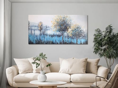 Image of Arjun Tree Wall Art Canvas Teal Landscape Painting Blue Forest Textured Picture Modern Panoramic Abstract Nature Artwork Large Size Framed for Living Room Bedroom Bathroom Home Office Wall Decor