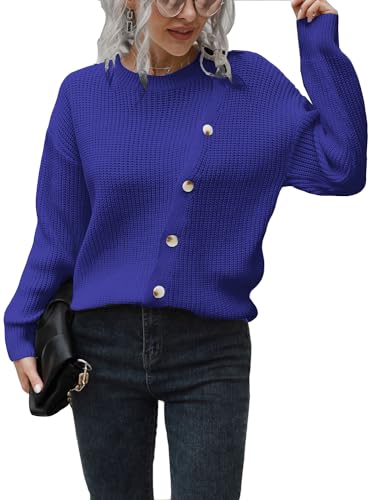 Rayson Jersey Mujer Invierno Sueter Mujer Invierno Elegante Cuello Redondo Manga Larga de Punto Suelto Prendas de Punto Blusa Mujer con Botones Cálido(Azul,L)
