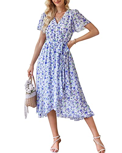 Moss Rose Vestidos Largos De Primavera Y Verano Para Mujer, Cuello En V, Manga 3/4, Floral, Con Vuelo, Bohemio, Vestido Largo, Azul, Grande