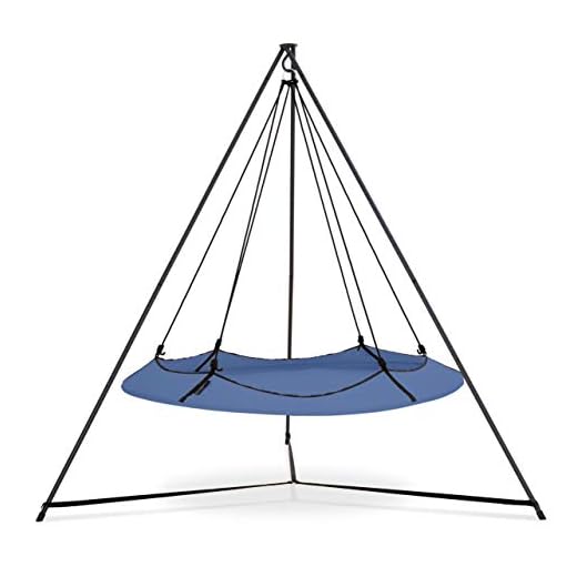 Hangout Pod Transportable Circular Family Hammock Bed with Stand / Hanging Chair with Stand / Porch Swing with Stand for Garden, Deck, Lawn, Patio and Camping. Ink Blue & Black