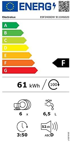 Electrolux ESF2400OW Energy Label showing F energy class, 61 kWh/100 cycles, 6 place settings, 6.5 L water, 52 dB noise, and 3:50 cycle time