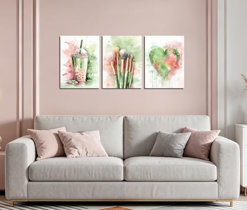 Image of Frimeeme Basketball Canvas Wall Art, 4pcs 8x10in Unframed | Boba Tea, Makeup Brushes and Heart, Teen Girls Bedroom Decor