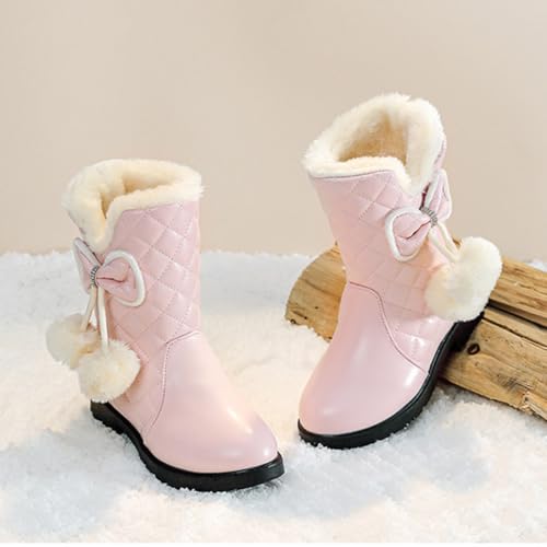 Girls Winter Mid-Calf Leather Warm Fur Boots Bowknot Rhinestone Princess Booties3