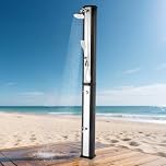 Bonnlo Solardusche Garten 60 Liter mit Handbrause Regenduschkopf Fußdusche Gartenschlauch Anschluss, Winterfest Warmwasser Gartendusche Aussendusche Solar Garten Pool Outdoor Dusche, Silber-Schwarz