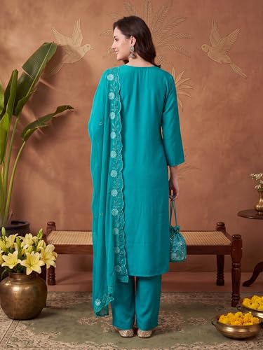 Image of INDO ERA Women's Cotton Blend Solid Straight Kurta Palazzo With Dupatta Set