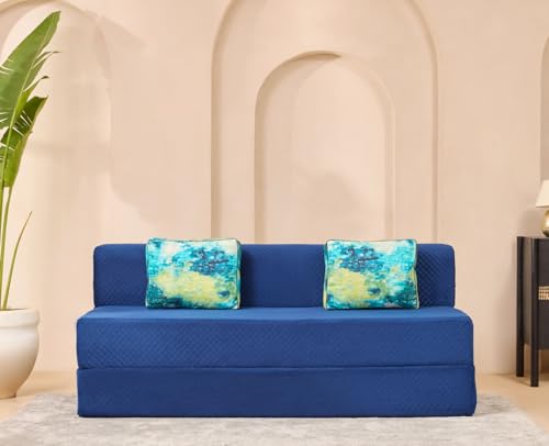 Image of uberlyfe Xtra High, Xtra Soft 3 Seater (6' x 6') Sofa Cum Bed | 1 Year Warranty | 17 inch Sofa Height | King Size Foldable Bed | Plush Laser Quilted Fabric| 2 Cushions Ocean Hues Pattern | Deep Blue Color