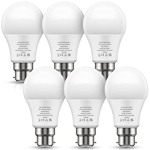 LOHAS-LED Bayonet Light Bulb, 9W B22 LED Bulbs Cool White 6000K, 60W Equivalent Light Bulbs Bayonet, 820LM, Non Dimmable, Energy Saving Light Bulbs, 6 Pack