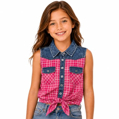Bienzoe Girls Crop Tank Tops: Cowgirl Plaid Sleeveless Button Down Western Casual Blouse Hot Pink 16