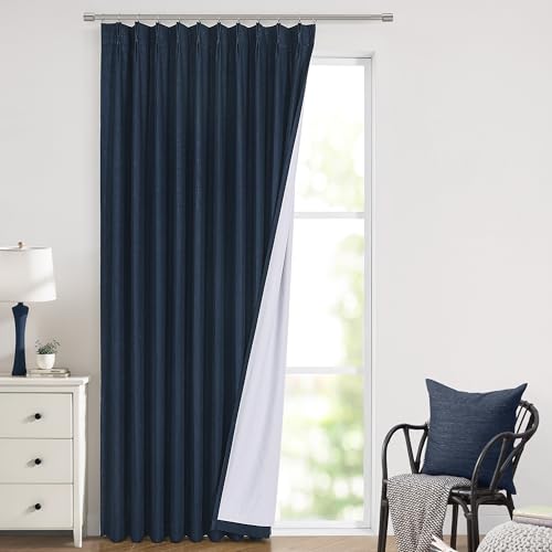 Image of Vision Home Navy Blue Pinch Pleated Full Blackout Curtains Linen Blended Room Darkening Window Curtains 102 inch for Living Room Bedroom Thermal Insulated Pinch Pleat Drapes with Hooks 60 inch Wx102 Lx1