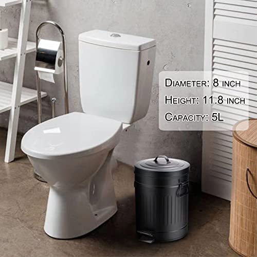 Small Trash Can With Lid-5L/1.3 Gal Stainless Steel Round Step Trash Can-Dog Poop Garbage Can-Retro Vintage Metal Wastebasket W/ Pedal For Outdoors Farmhouse Bathroom Bedroom Office-Soft Close-Black #TOP5